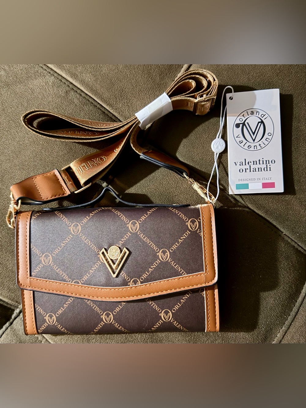 Valentino Orlandi Brown and Tan Logo Crossbody Bag